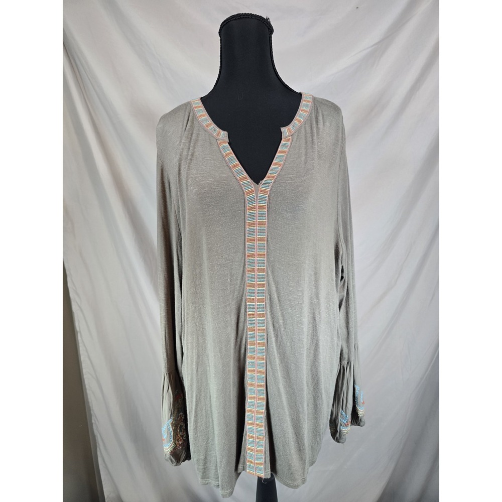 Democracy Women Size L Large Grey Coral Tunic Top Blouse Shirt Gypsy Folk